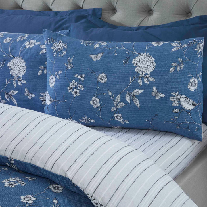 Country Toile Floral Stripe Reversible Blue Duvet Cover Set -  - Ideal Textiles