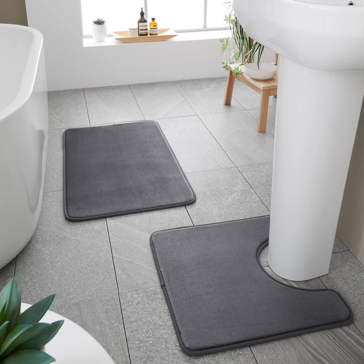 Anti-Bacterial Bath & Pedestal Mat Set Charcoal -  - Ideal Textiles