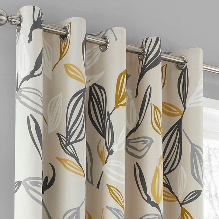 Ensley Leaf Print Lined Eyelet Curtains Ochre -  - Ideal Textiles