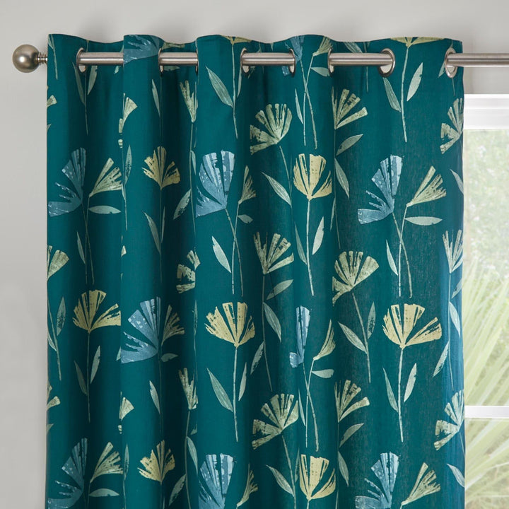 Dacey Retro Floral Lined Eyelet Curtains Teal - Ideal