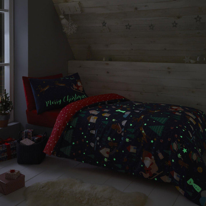 Santa's Christmas Wonderland Glow in the Dark Navy Duvet Cover Set -  - Ideal Textiles
