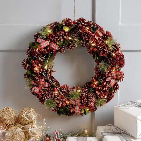 Pre Lit Tartan Ribbon Christmas Wreath - Ideal