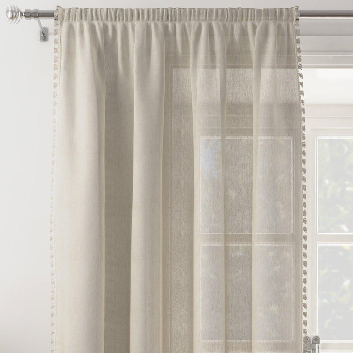 Chloe Tassel Trim Voile Curtain Panels Natural -  - Ideal Textiles