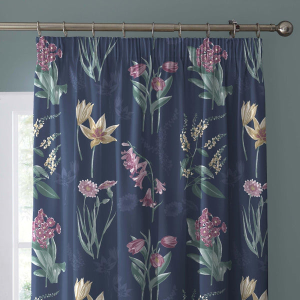Caberne Floral Lined Tape Top Curtains Navy - Ideal