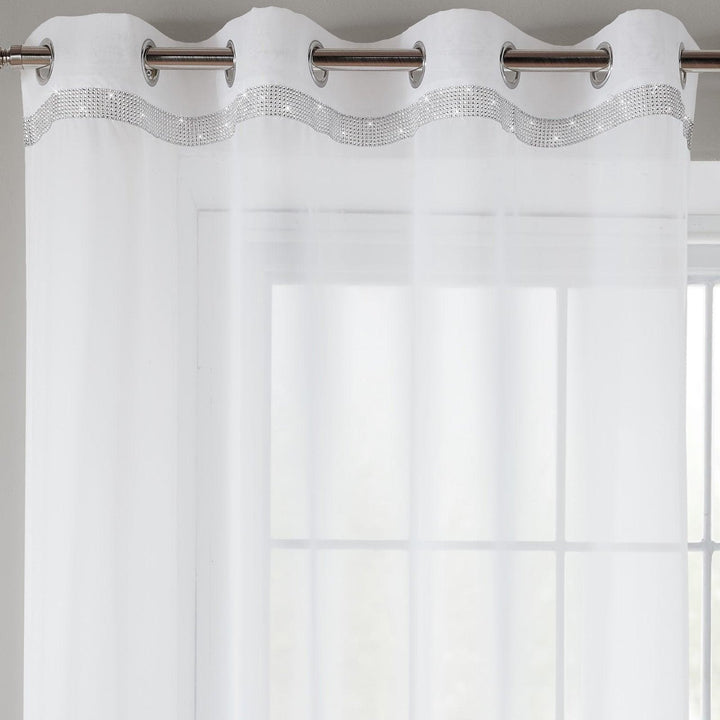 Glitter Diamante Eyelet Voile Curtain Panels White - 58'' x 54'' - Ideal Textiles