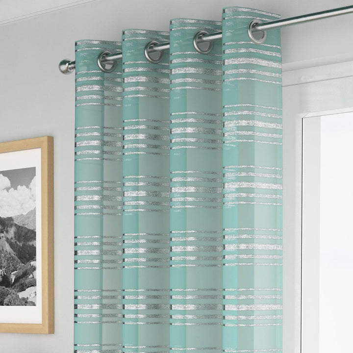 Leon Metallic Stripe Eyelet Voile Curtain Panels Duck Egg - 55'' x 54'' - Ideal Textiles