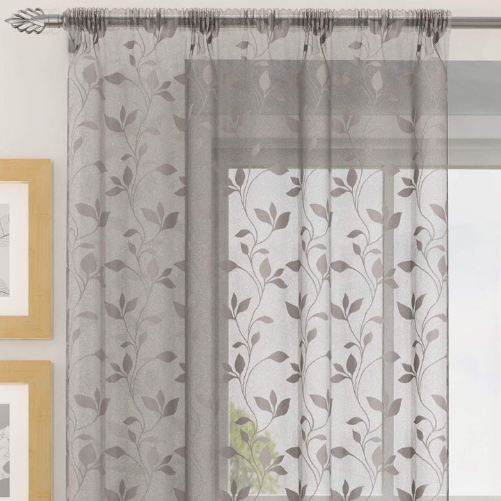 Evie Trailing Leaf Voile Curtain Panels Silver - 55'' x 48'' - Ideal Textiles