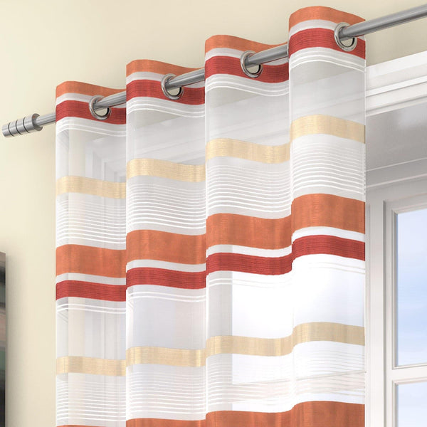 Fife Striped Eyelet Voile Curtain Panels Orange - 55'' x 54'' - Ideal Textiles