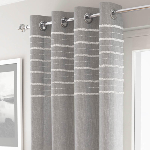 Arran Tufted Stripe Eyelet Voile Curtain Panels Grey - 55'' x 54'' - Ideal Textiles