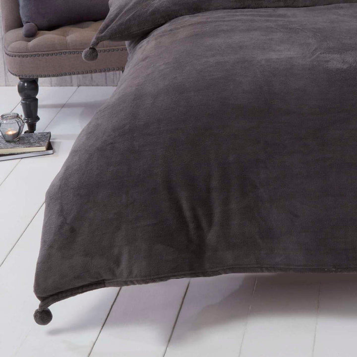Pom Pom Fleece Charcoal Grey Duvet Cover Set -  - Ideal Textiles