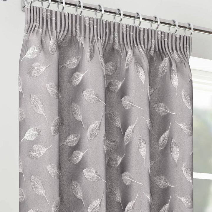 Rowan Jacquard Leaf Lined Tape Top Curtains Silver -  - Ideal Textiles