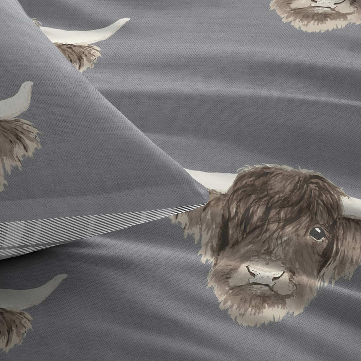Highland Cow Tartan Reversible Grey Duvet Cover Set -  - Ideal Textiles
