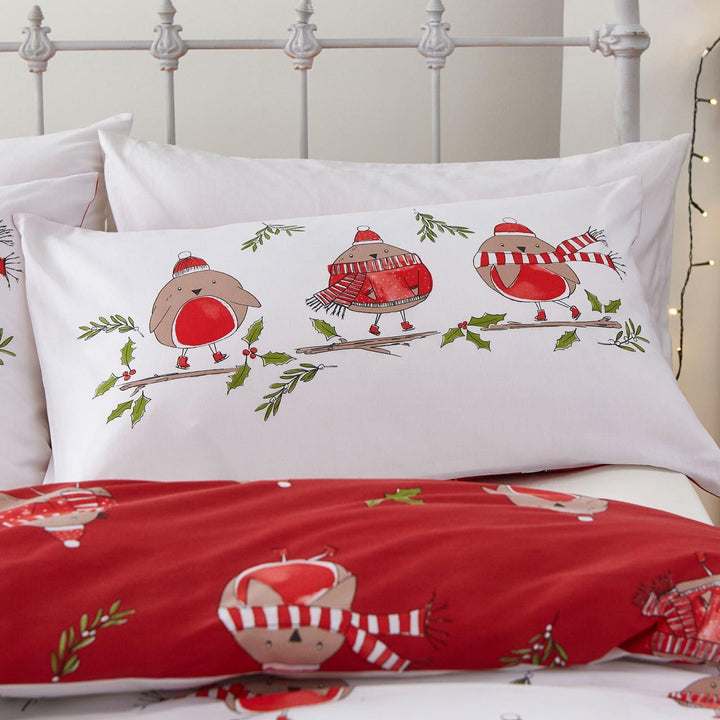 Robins Festive Reversible White & Red Christmas Duvet Cover Set -  - Ideal Textiles