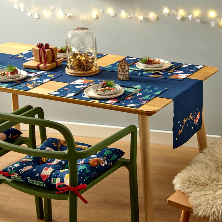 Santa's Christmas Wonderland Embroidered Table Runner Navy - Ideal