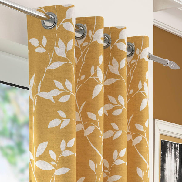 Laural Leaf Voile Eyelet Curtain Panels Ochre - 55'' x 48'' - Ideal Textiles
