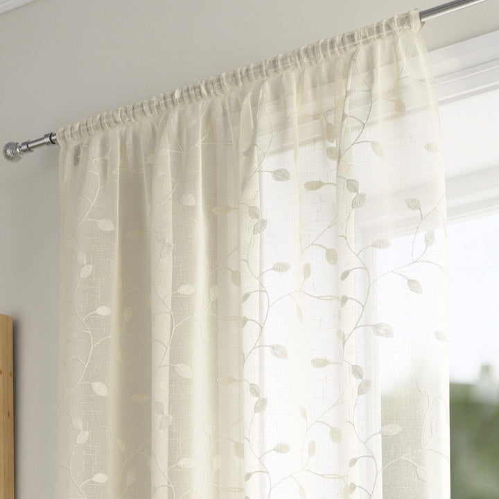 Harrogate Embroidered Leaf Voile Curtain Panels Cream -  - Ideal Textiles