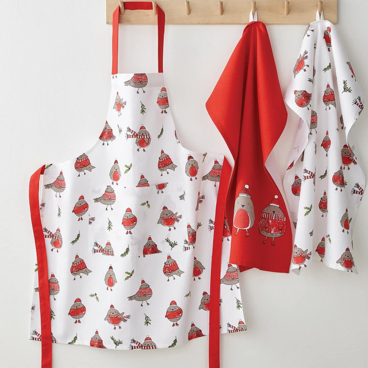 Robins Christmas 100% Cotton Kitchen Apron Red -  - Ideal Textiles