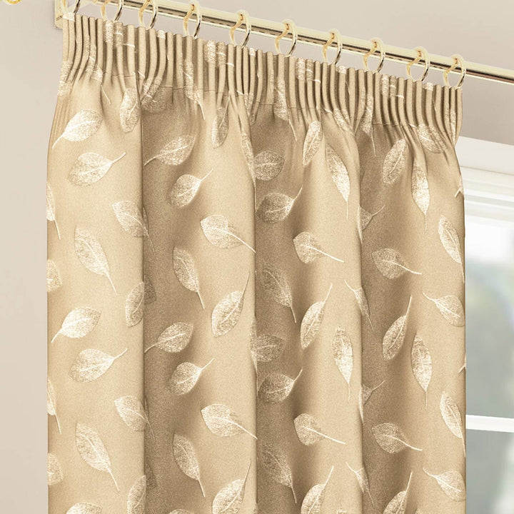 Rowan Jacquard Leaf Lined Tape Top Curtains Gold -  - Ideal Textiles