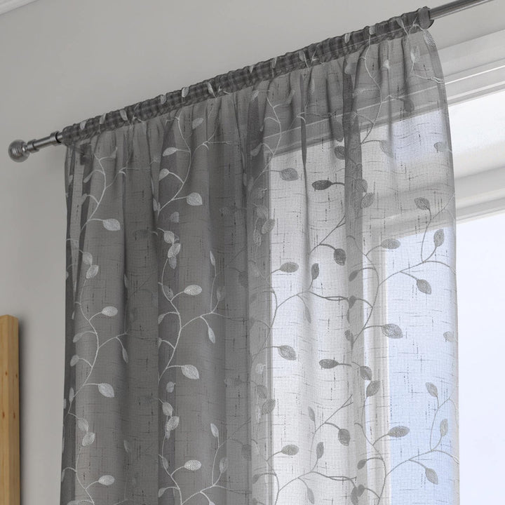 Harrogate Embroidered Leaf Voile Curtain Panels Grey -  - Ideal Textiles