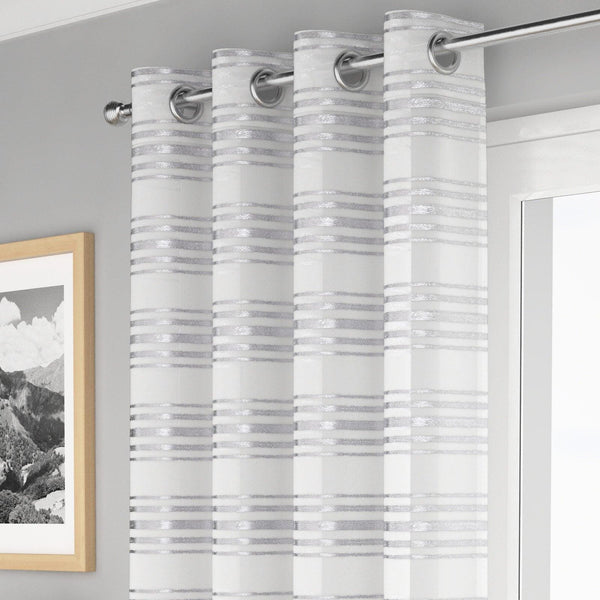 Leon Metallic Stripe Eyelet Voile Curtain Panels White - 55'' x 54'' - Ideal Textiles