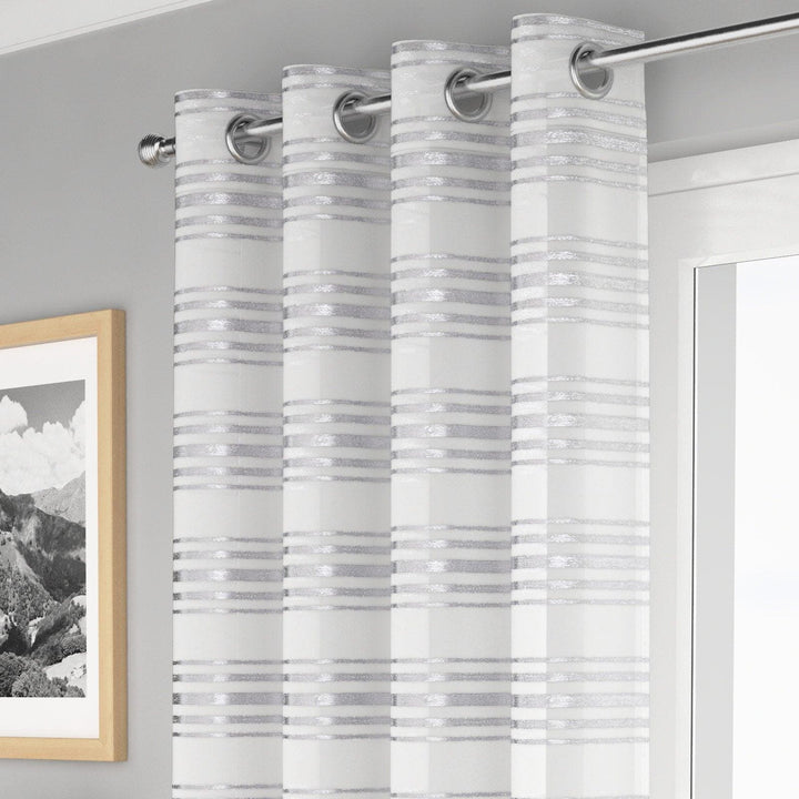 Leon Metallic Stripe Eyelet Voile Curtain Panels White - 55'' x 54'' - Ideal Textiles