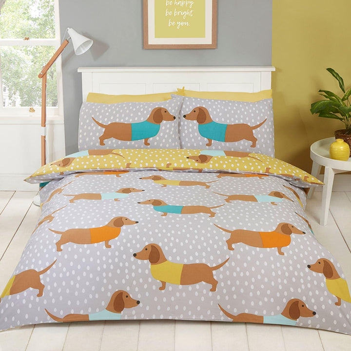 Dolly Dachshund Sausage Dogs Yellow Duvet Cover Set -  - Ideal Textiles