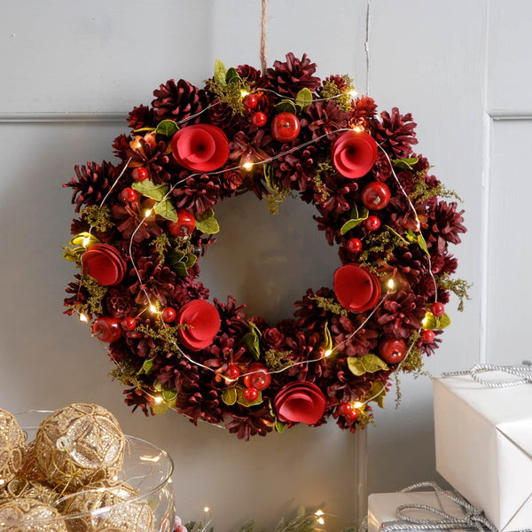 Pre Lit Red Roses Christmas Wreath - Ideal