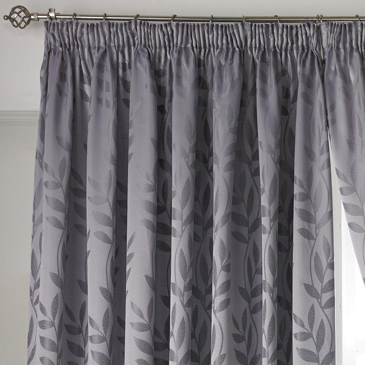 Tivoli Leaf Jacquard Lined Tape Top Curtains Silver -  - Ideal Textiles
