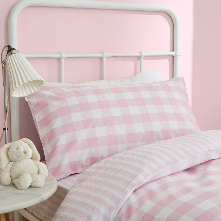 Check and Stripe 100% Cotton Pink Duvet Cover Set -  - Ideal Textiles