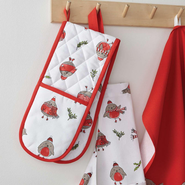 Robins Christmas 100% Cotton Double Oven Glove Red -  - Ideal Textiles