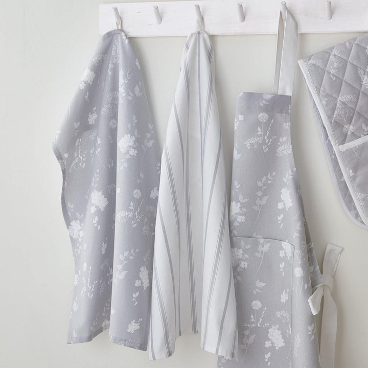Meadowsweet Floral 100% Cotton Pack of 2 Tea Towels Grey - Ideal