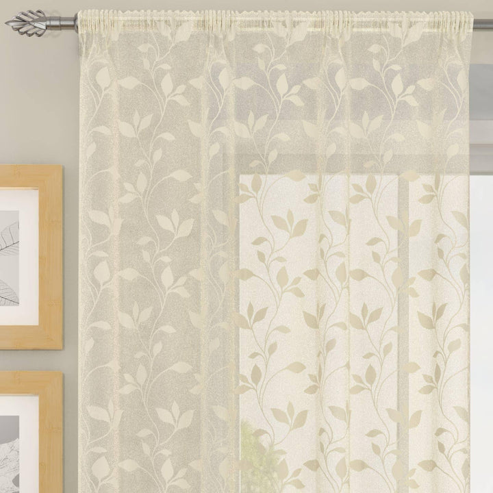Evie Trailing Leaf Voile Curtain Panels Champagne - 55'' x 48'' - Ideal Textiles