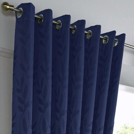 Tivoli Leaf Jacquard Lined Eyelet Curtains Navy Eyelet Curtains Alan Symonds   