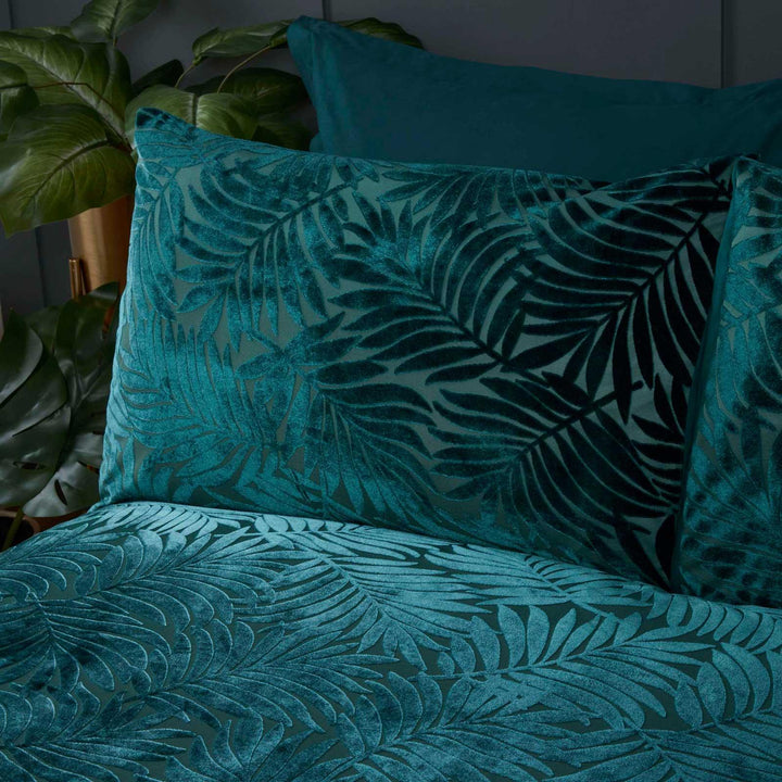 Paloma Palm Leaf Jacquard Velvet Emerald Duvet Cover Set -  - Ideal Textiles