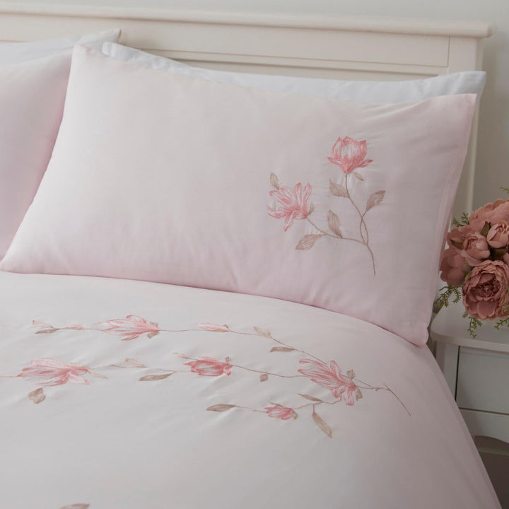Margot Embroidered 100% Cotton Pink Duvet Cover Set - Ideal
