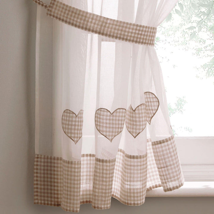 Amour Gingham Check Hearts Beige Window Set Curtains -  - Ideal Textiles
