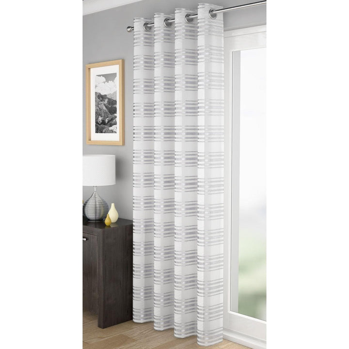 Leon Metallic Stripe Eyelet Voile Curtain Panels White -  - Ideal Textiles