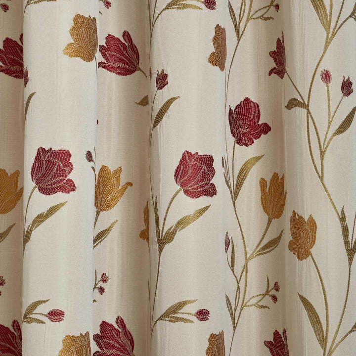 Juliette Floral Lined Tape Top Curtains Natural & Red -  - Ideal Textiles