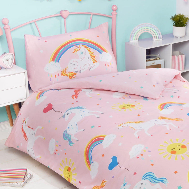 Sunny Unicorn Rainbow Glow in the Dark Pink Kids Duvet Cover Set -  - Ideal Textiles
