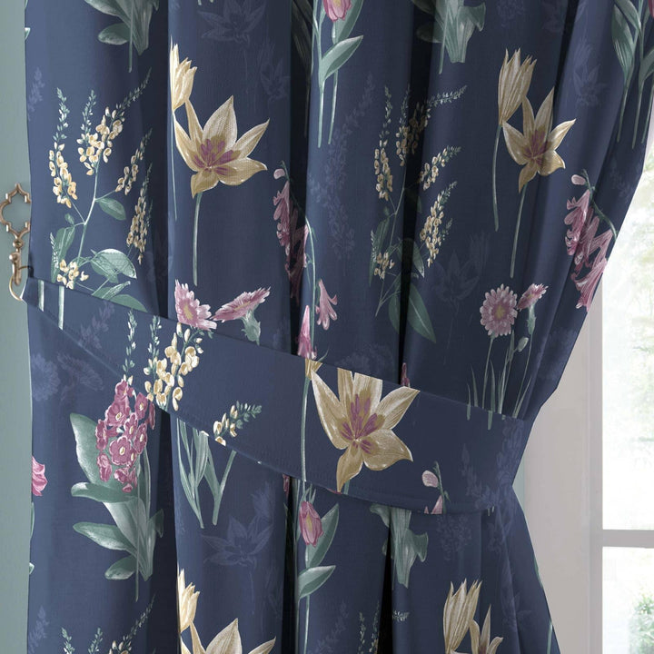 Caberne Floral Lined Tape Top Curtains Navy - Ideal