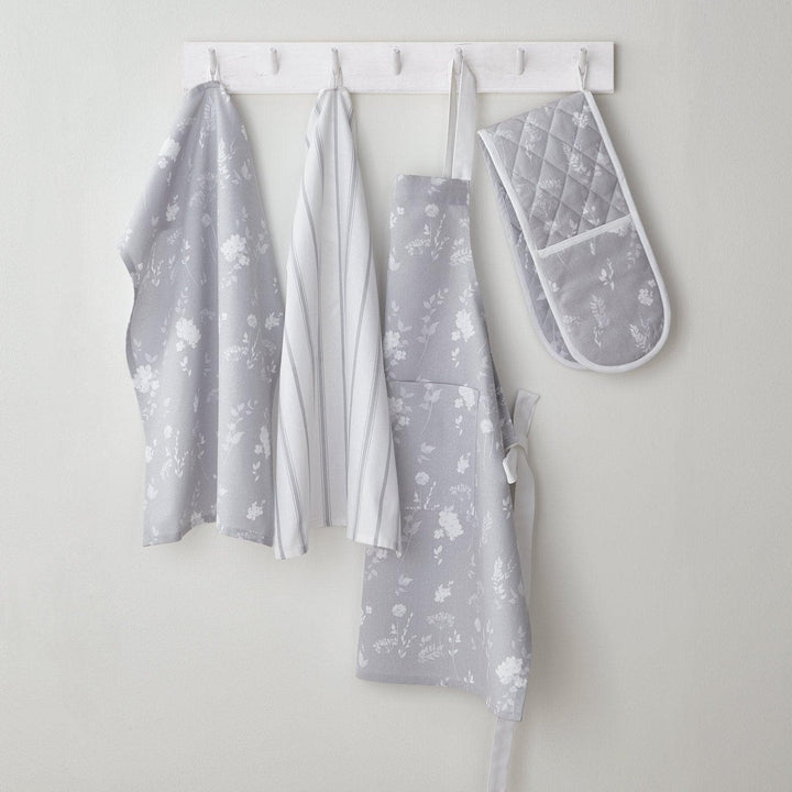 Meadowsweet Floral 100% Cotton Double Oven Glove Grey - Ideal
