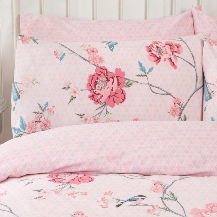 Tranquility Floral Birds Reversible Pink Duvet Cover Set -  - Ideal Textiles