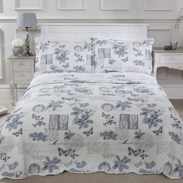 Wordsworth Floral Patchwork Quilted Silver Bedspread Set -  - Ideal Textiles