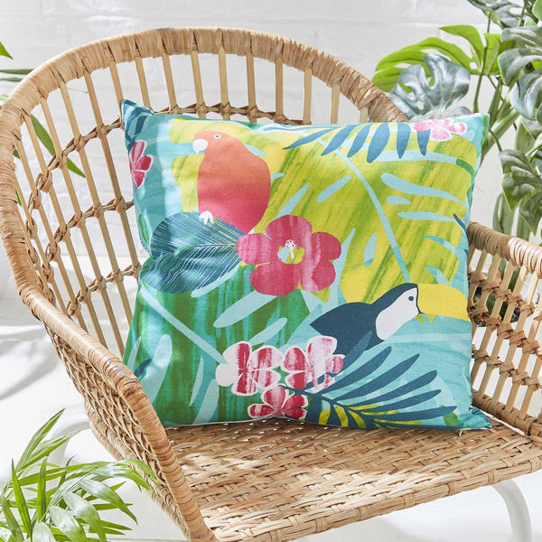 Tropical Birds Teal Outdoor Filled Cushion -  - Ideal Textiles