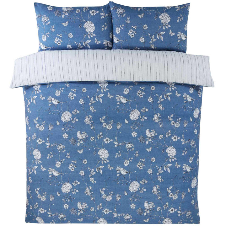 Country Toile Floral Stripe Reversible Blue Duvet Cover Set -  - Ideal Textiles