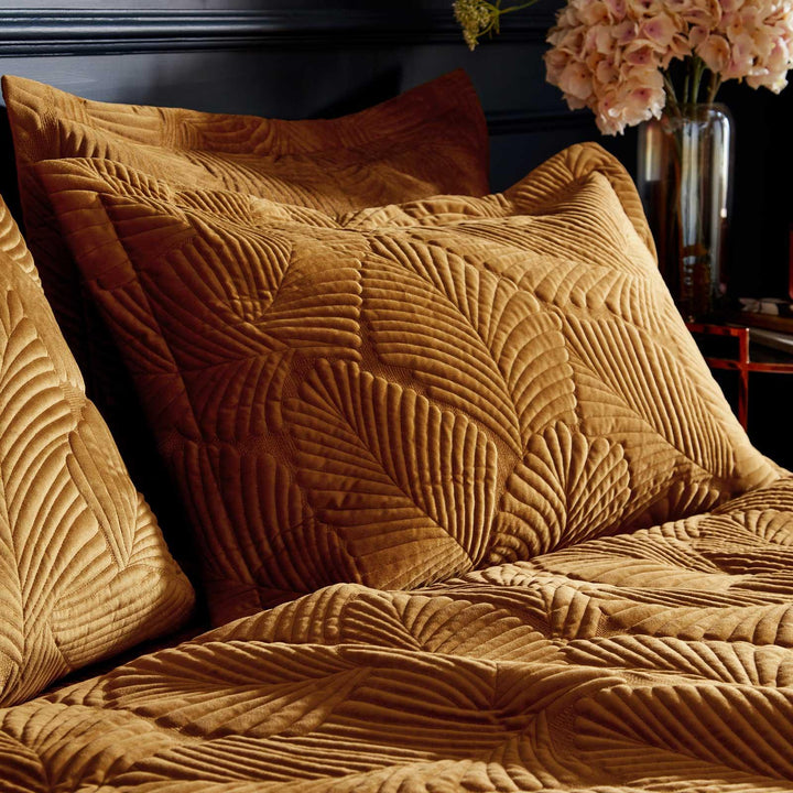 Palmeria Embroidered Quilted Plush Velvet Gold Duvet Cover Set -  - Ideal Textiles