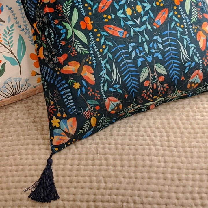 Kaleidoscopic Velvet Tasselled Blue Cushion Covers 20'' x 20'' -  - Ideal Textiles