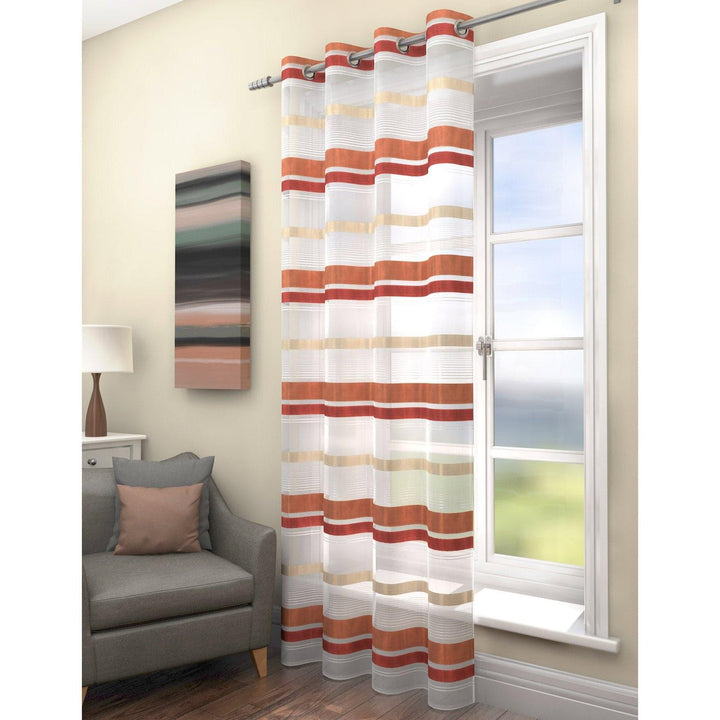 Fife Striped Eyelet Voile Curtain Panels Orange -  - Ideal Textiles