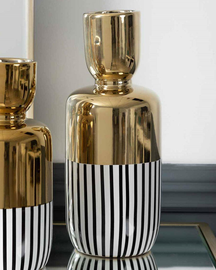 Tall Halley Black & White Stripe Gold Vase - Ideal