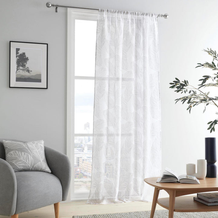 Matteo Palm Leaf Slot Top Voile Curtain Panel Grey - Ideal